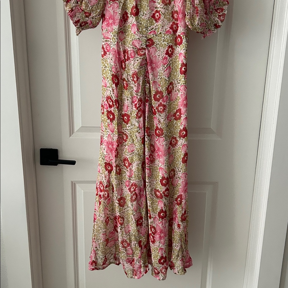 ANTHROPOLOGIE Pink Floral PUFF-SLEEVE RUCHED MESH MIDI SHIRT DRESS - Picture 11 of 11